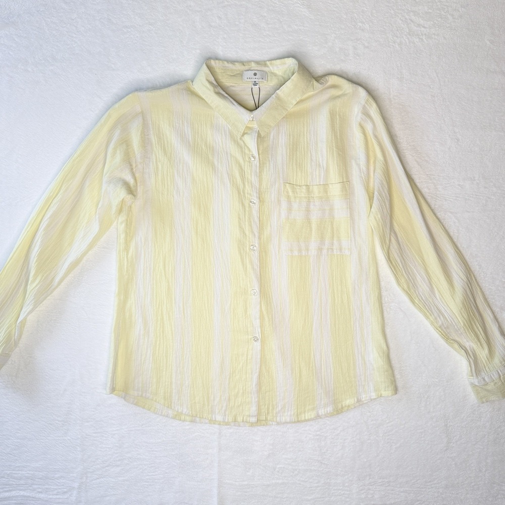 Socialite Yellow White Stripe Cotton Button Front Shirt Womens M Casual Coastal